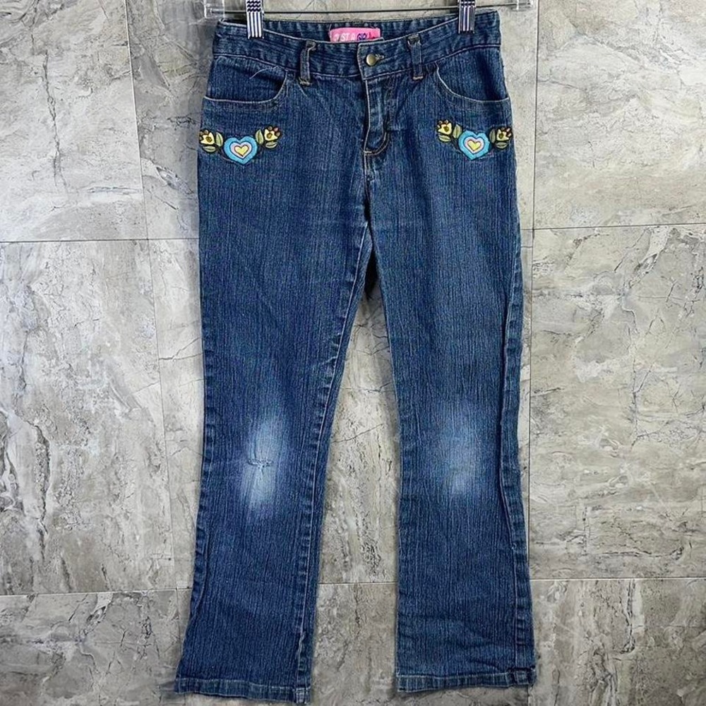 Blue Just A Girl‎  jeans with heart and Flower
Embroidered patches Kids Size 10